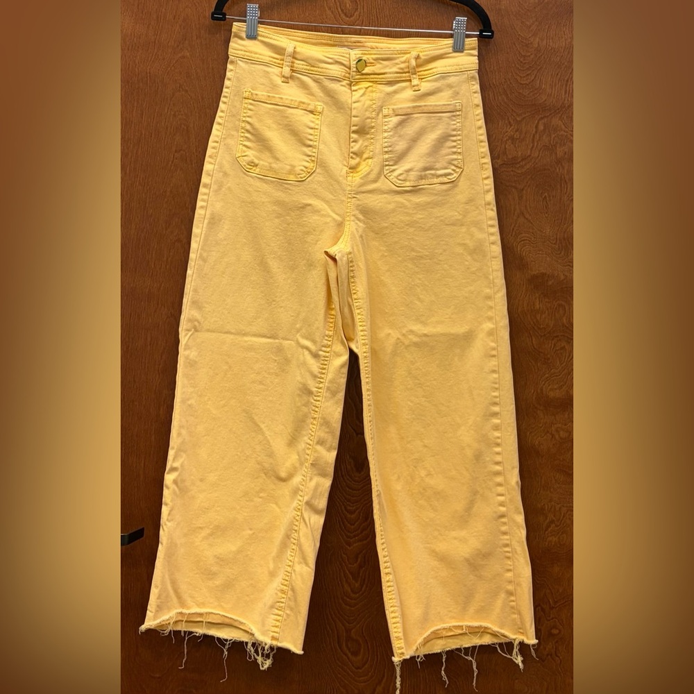 OAT NEW YORK lemon yellow crop denim wide leg pants frayed hem patch pockets 8